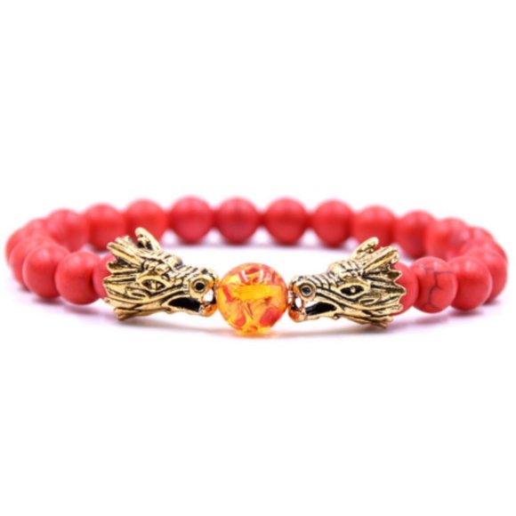 10mm Red Turquoise and Gold Dragon Blessing Beaded Stretch Bracelet - Picture 1 of 4